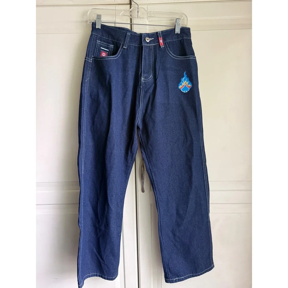 JNCO‎ Jeans Mens Dark Wash Wide Leg Baggy Denim Four Aces Flame Graphic 90s Y2K